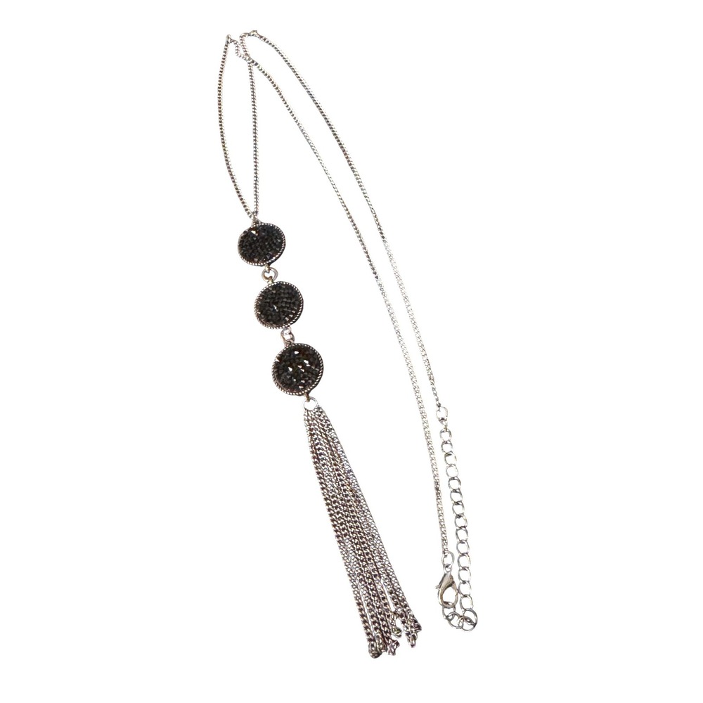 Silver Tone Black Faux Druzy Triple Circle Tassel Drop Long Statement Necklace